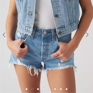 Levi's 501 High Waisted Button Fly Light Wash Distressed Denim Jean Shorts 26